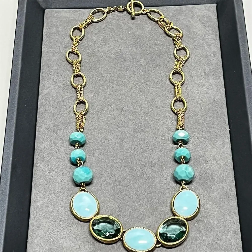 Monet Gold‎ Tone Aqua Cabochon Beaded Necklace 18” Toggle Statement